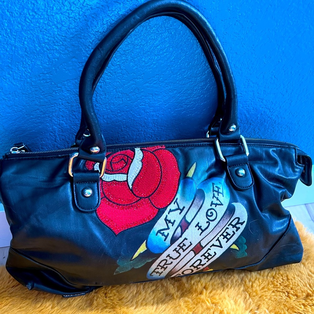 Ed Hardy y2k black with rhinestone rose detail and red logo on back